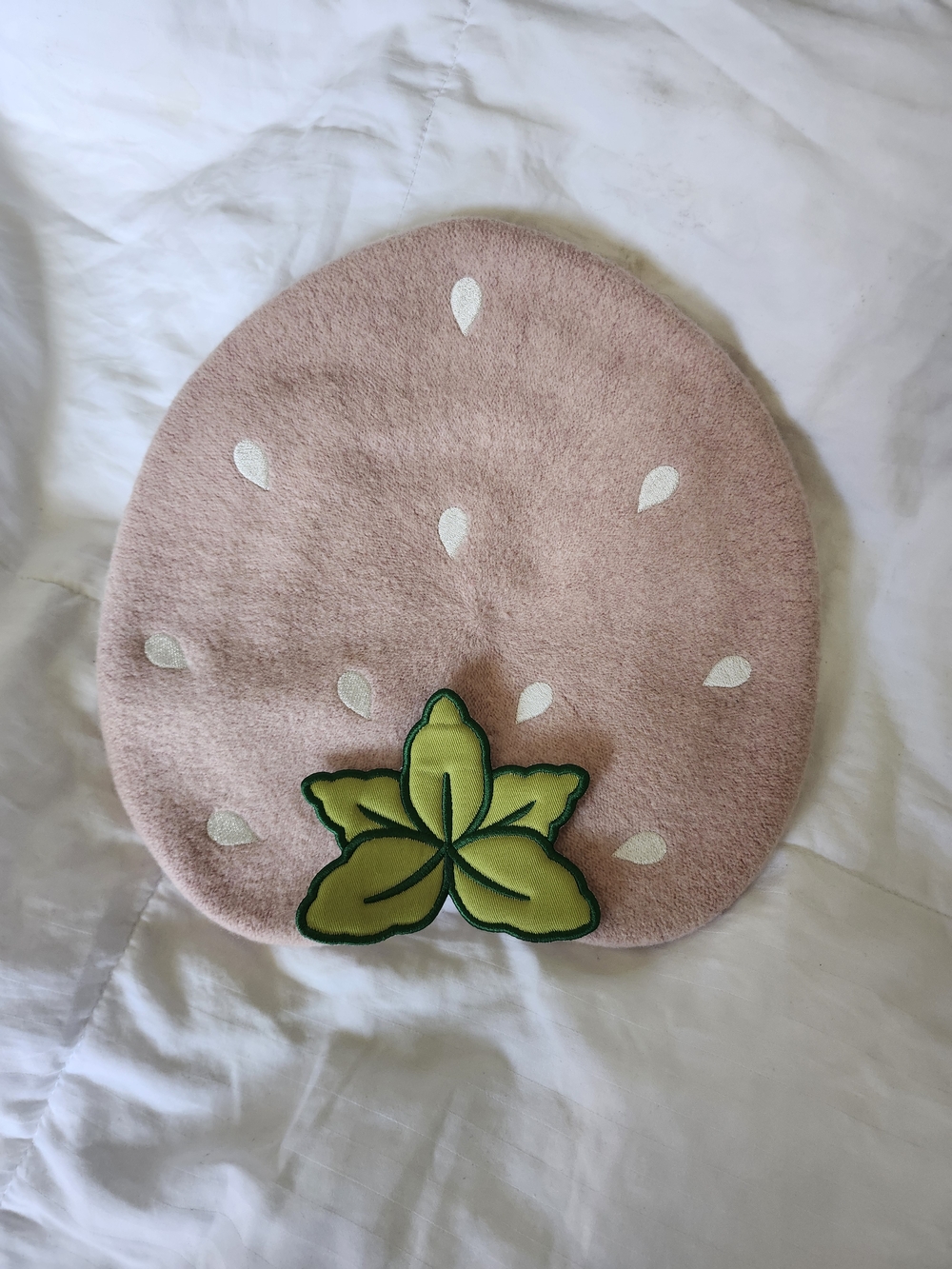 Pink Strawberry Beret with Green Leaf Accent